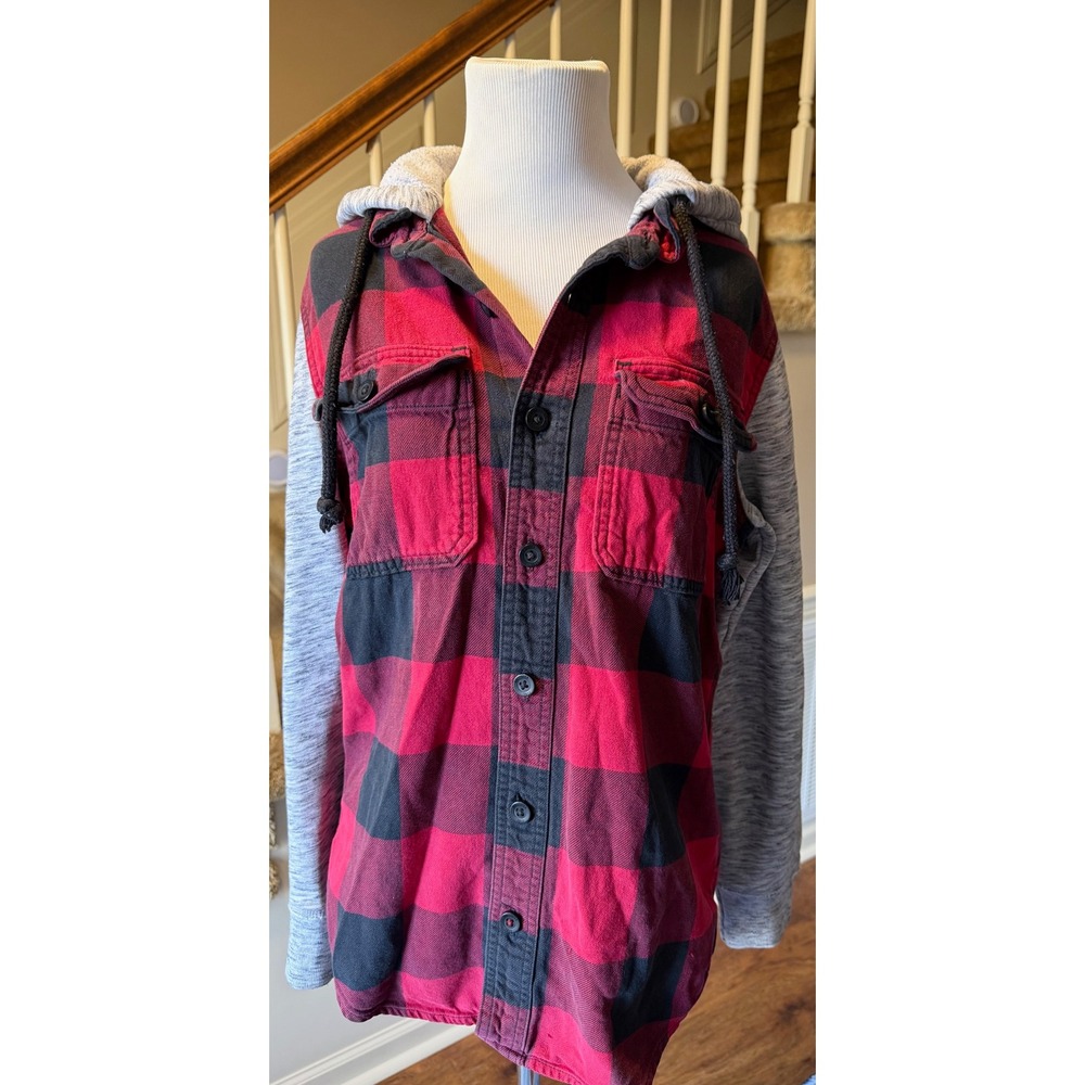 Hollister Mens Red Black Buffalo Plaid Flannel Hoodie Shirt Size Small
